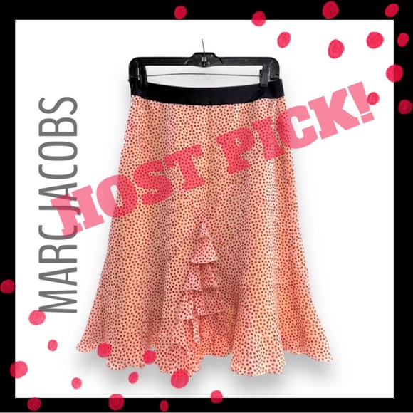 MARC JACOBS🎄Silk Red and Ivory POLKADOT Ruffle Midi Skirt with Black Waistband - Picture 4 of 7